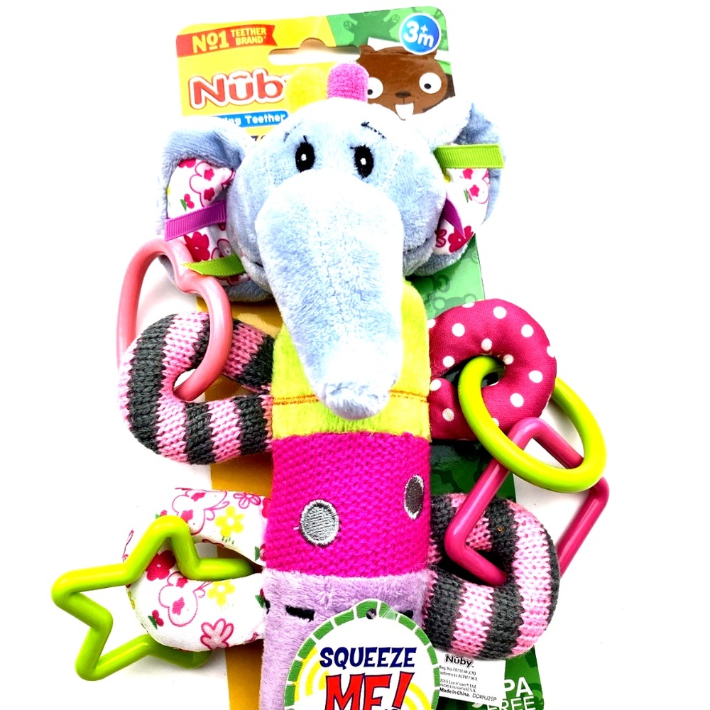 Nuby Baby Teether Elephant Girls Squeeze N Squeak 3+m Toys BPA Free 8" Children